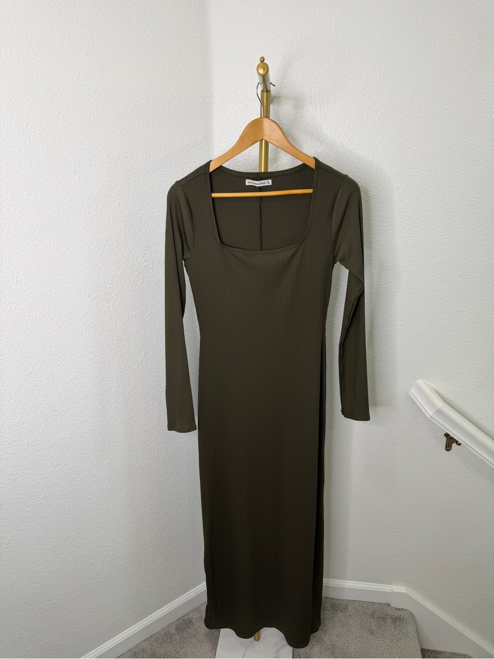 Abercrombie & Fitch Olive Green Ribbed Square-Neck Rib Knit Bodycon Maxi Dress M